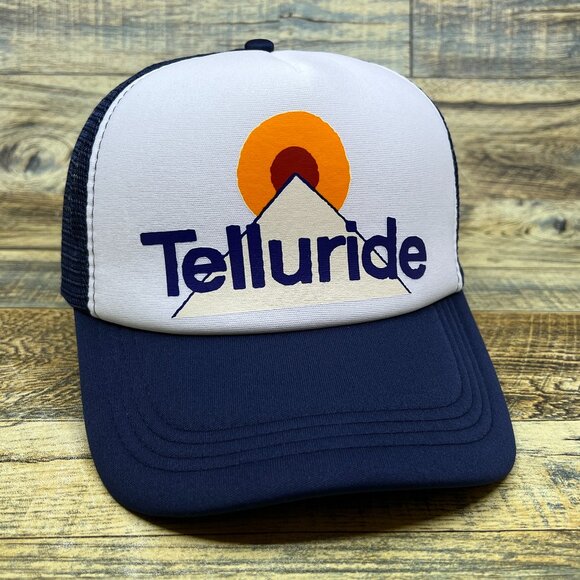 Telluride Colorado Mens Trucker Hat Navy Snapback Skiing Retro Logo Baseball Cap - Picture 1 of 8